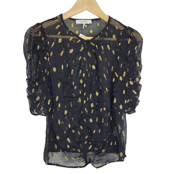 FRAME NWT Shirred Keyhole Top Womens XS in Noir Metallic Gold Sheer Lightweight - Picture 2 of 11